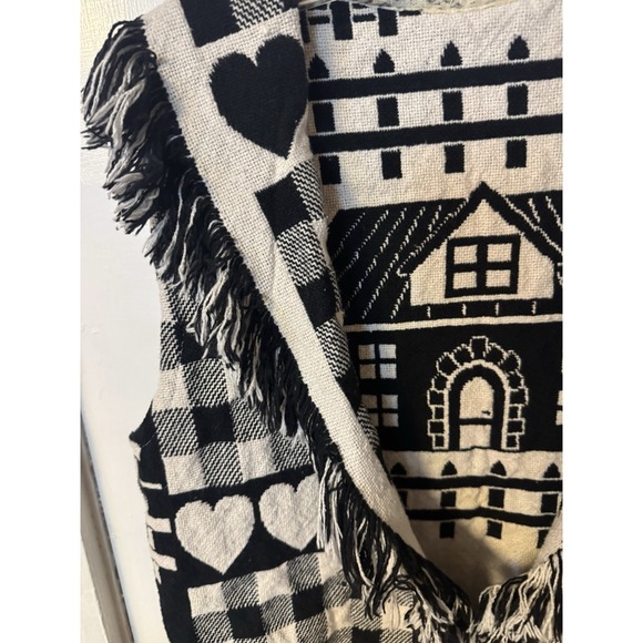Y2K Folk Farmhouse Woven Checks Sheep Hearts Fringe Open Front Boho Cottagecore - Picture 3 of 15